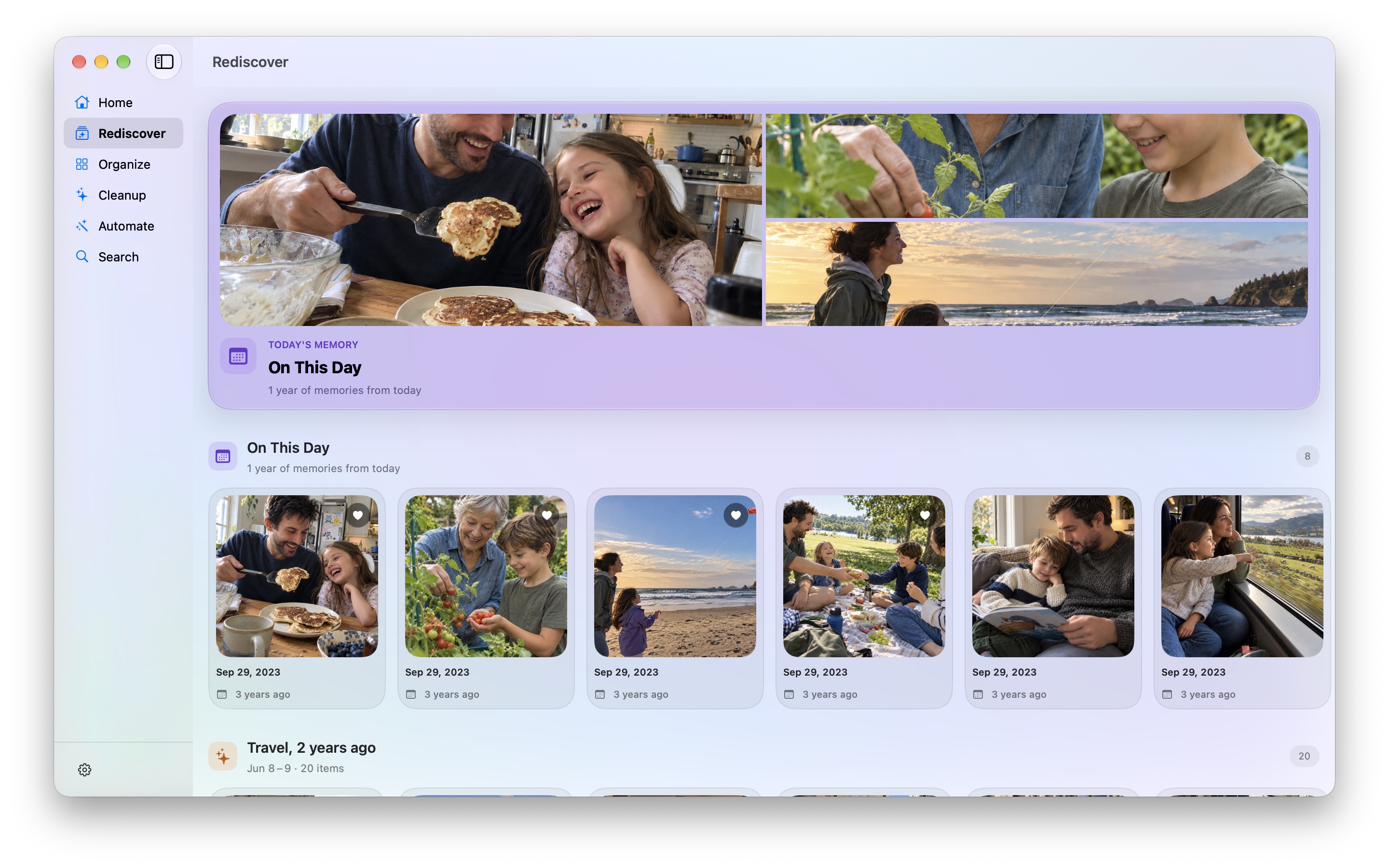 Photessa Rediscover on Mac showing family memories and photos from past years
