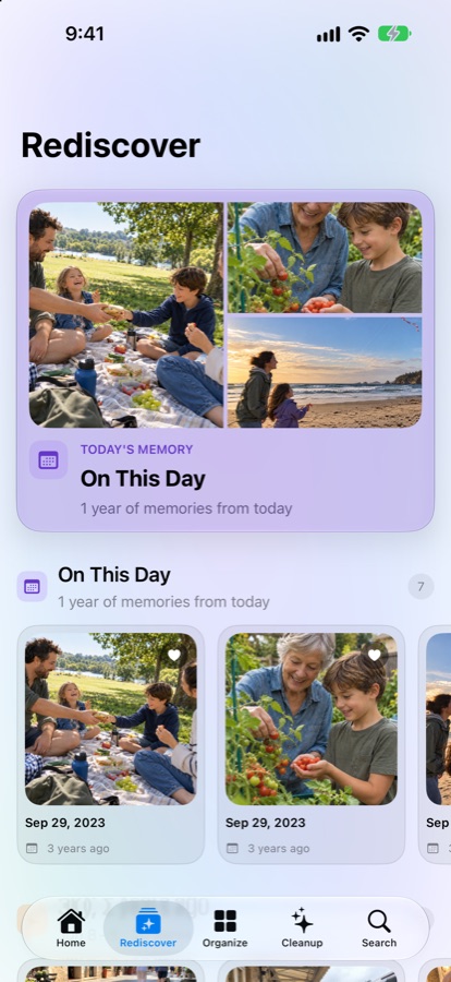 Photessa Rediscover screen with memories from a photo library